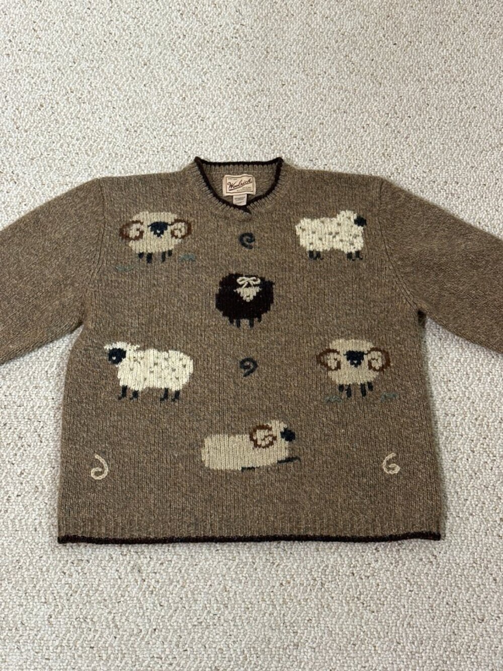 Woolrich Sheep Sweater | Khaki Mix 100% Wool | Hand-Framed Intarsia | Women's L